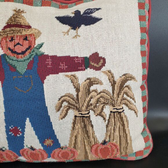 Vintage Fall Scarecrow Pillow Needlepoint 17x12.5 Harvest Autumn Decor - Picture 3 of 5
